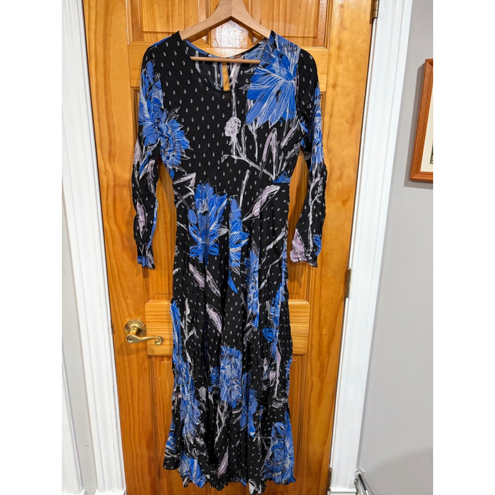 Free People First Kiss Printed Maxi Dress Botanical Night Blue Black Size Small